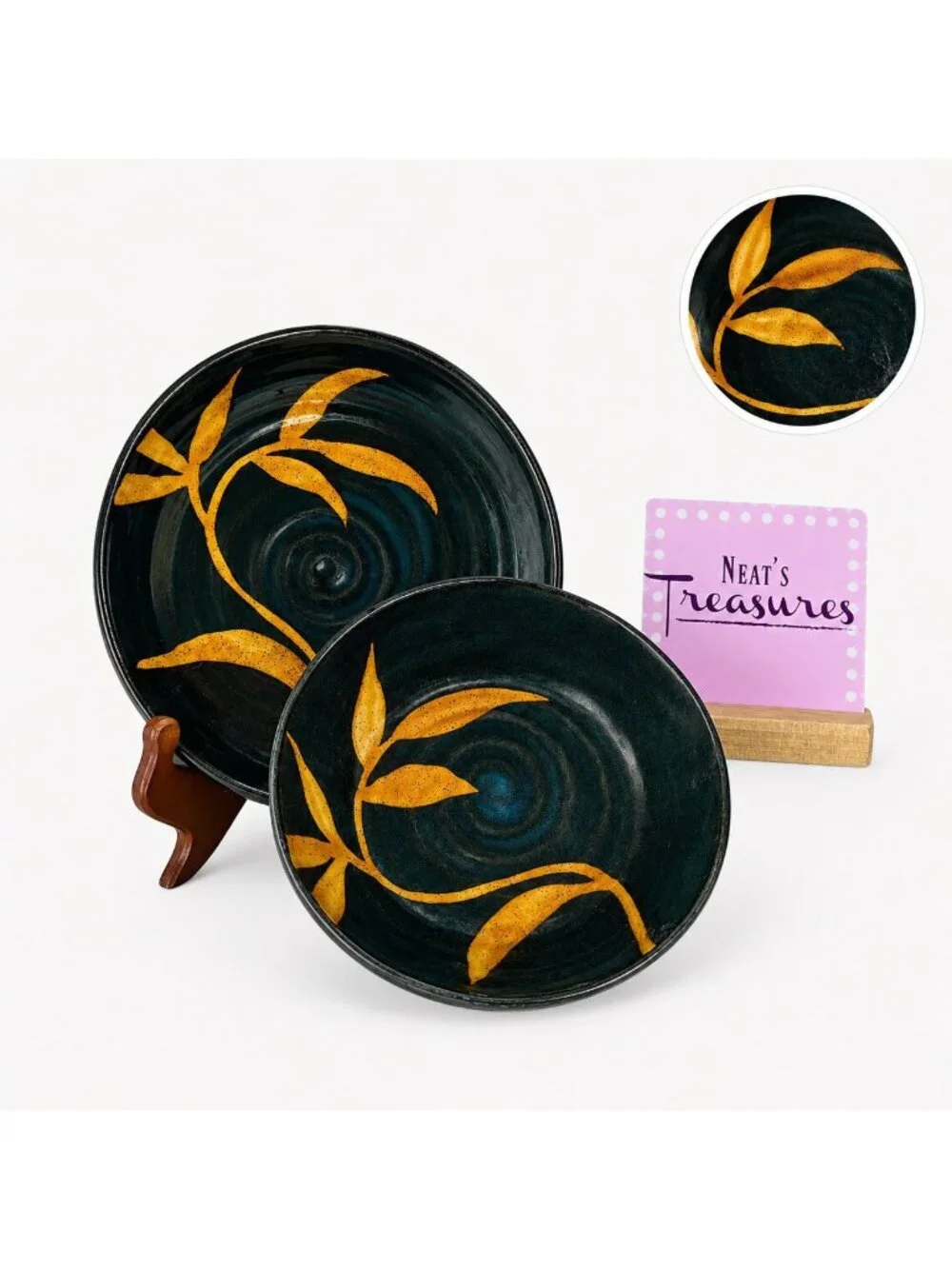 Pier 1 DAKARA Bamboo Leaf Yellow Rust Hand Painted Stoneware Plate & Bowl Set 2